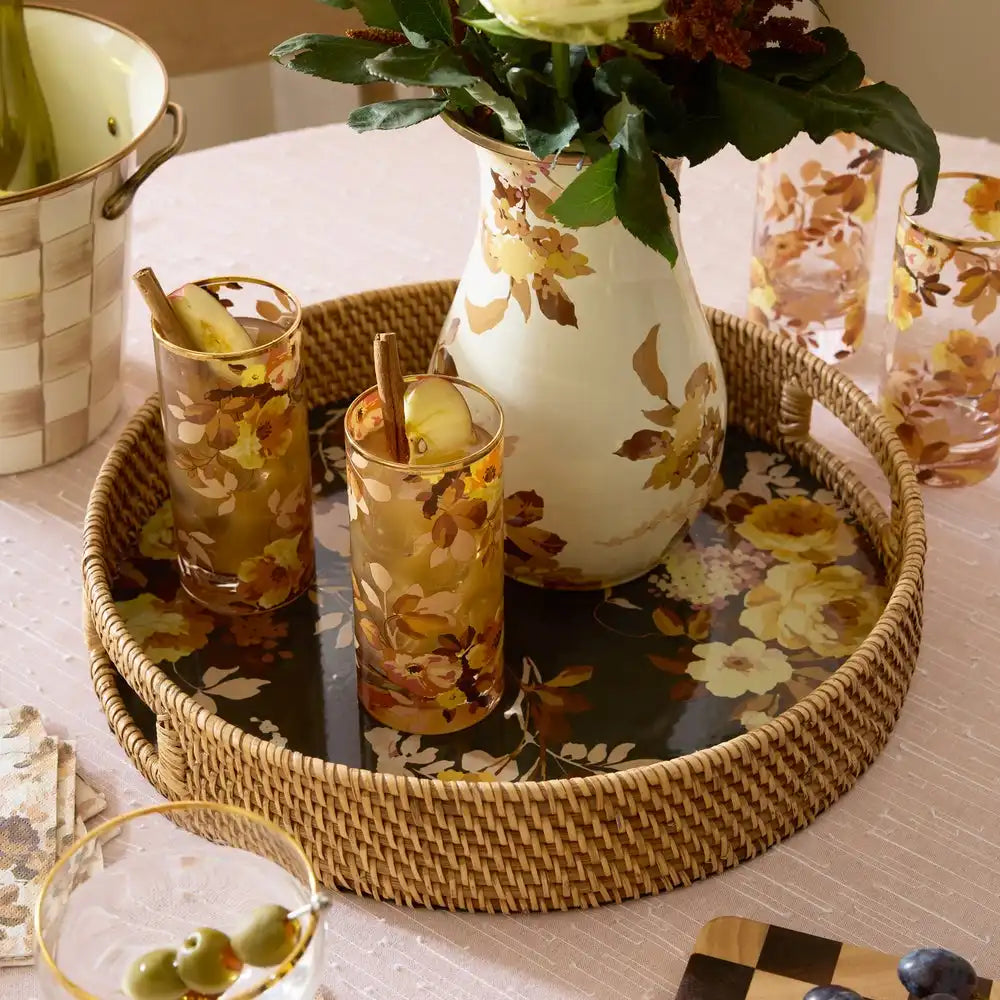 Wild Rose Brown Enamel & Rattan Round Serving Tray
